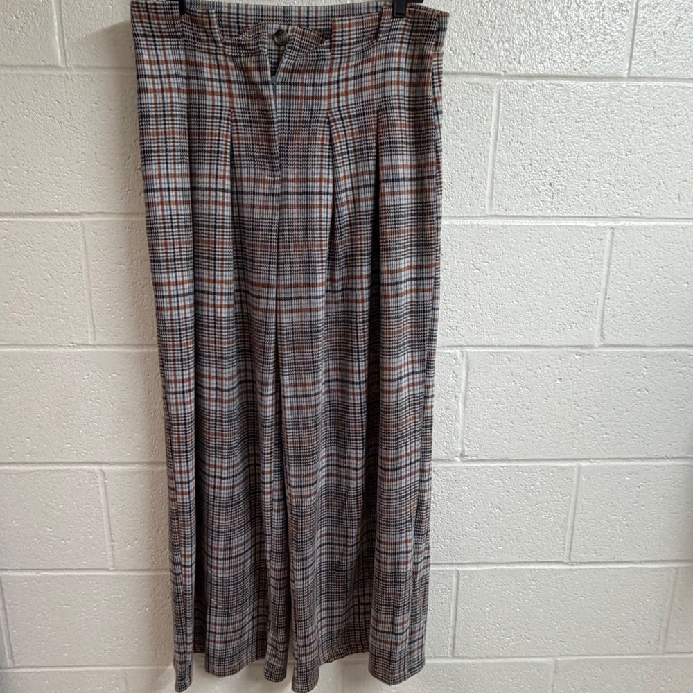 Maeve Womens Plaid Wide Leg Trousers 12 High Rise Pleated Brown Grey Blue Knit